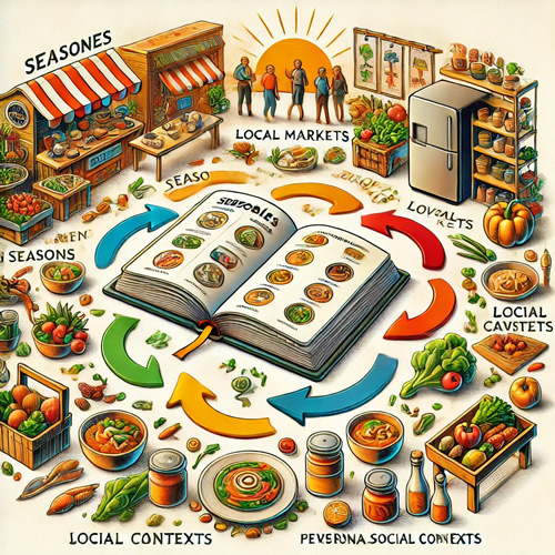 DALL·E-2024-12-30-11.44.33---An-artistic-illustration-of-a-flexible-recipe-program-with-a-central-open-cookbook-surrounded-by-icons-representing-the-seasons,-local-markets,-divers