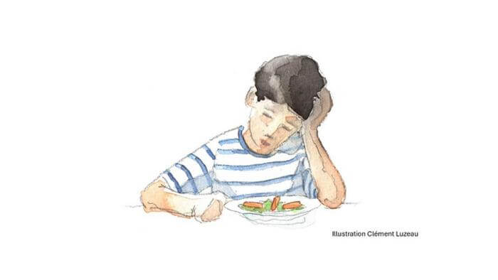 Illustration d'un enfant pensif devant une assiette de légumes.