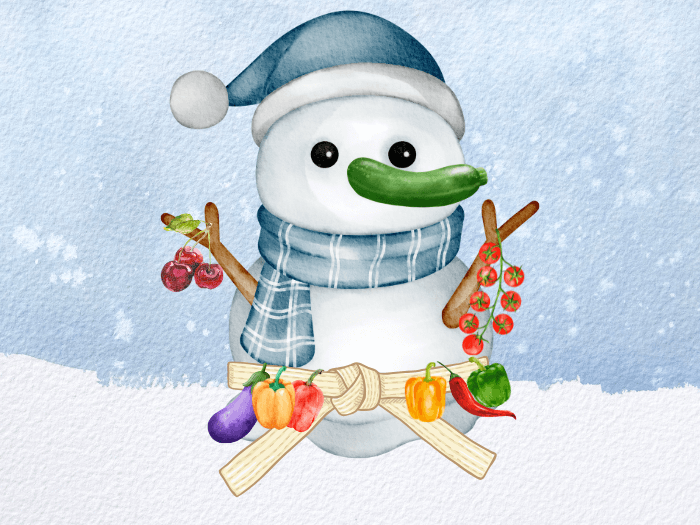 Bonhomme de neige décoré avec des légumes comme une écharpe et des bras.